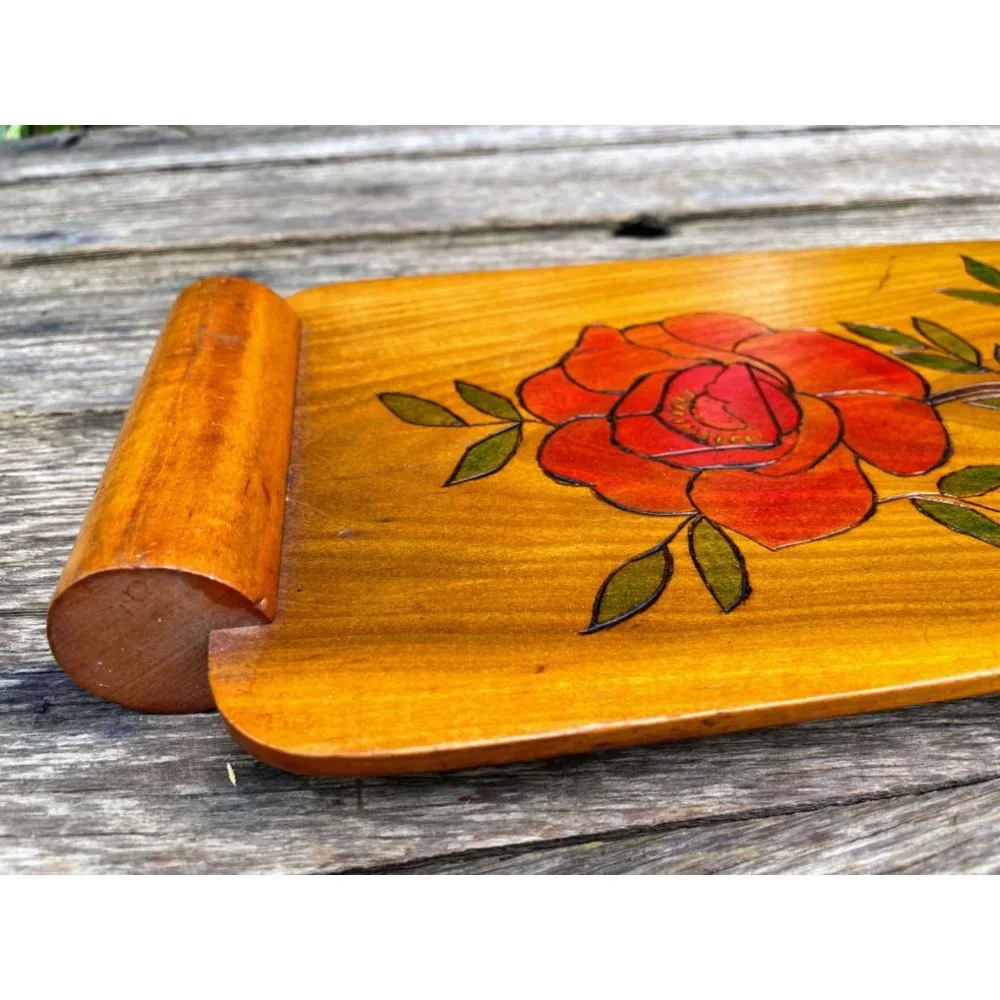 Vintage Wood Bread Serving Tray Carved Red Roses